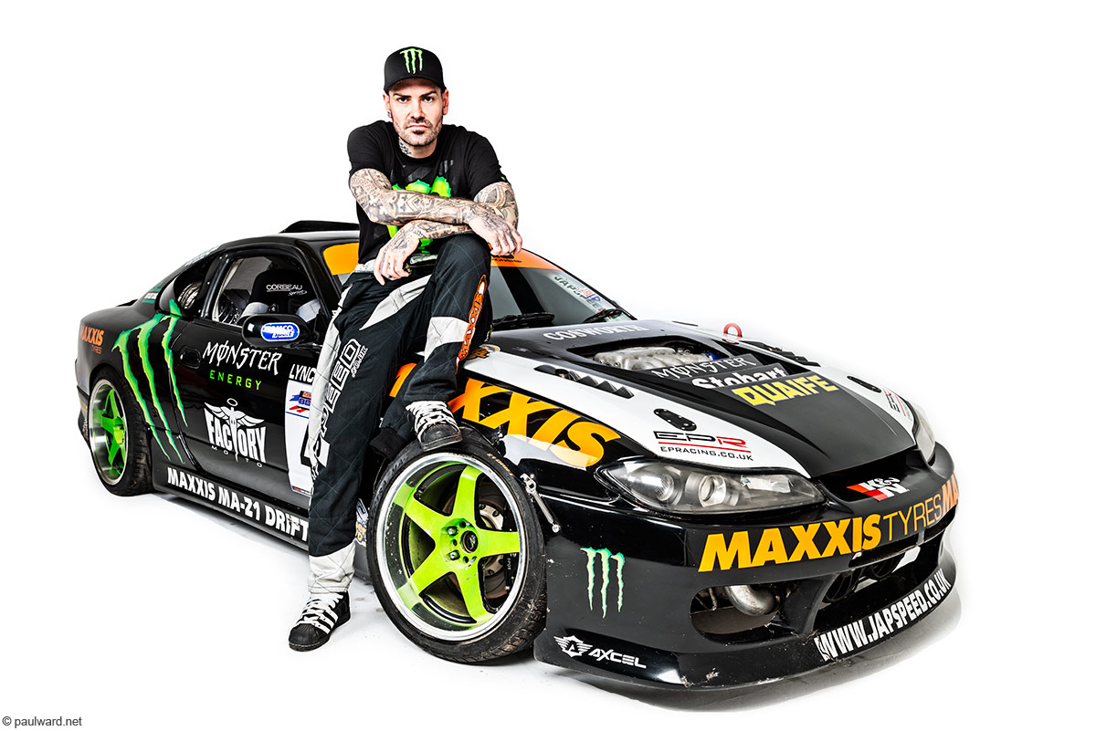 Shane Lynch shot for Monster energy drinks at a studio with his drift car photographed by car photographer Paul Ward
